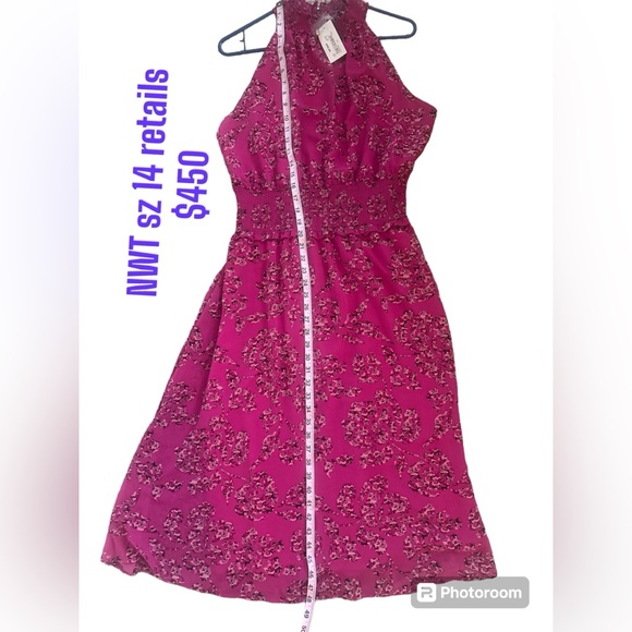 NWT Merien Hall sz 14 Pink Pattern Smocked Waist Sleeveless Halter Dress NEW - Picture 4 of 17